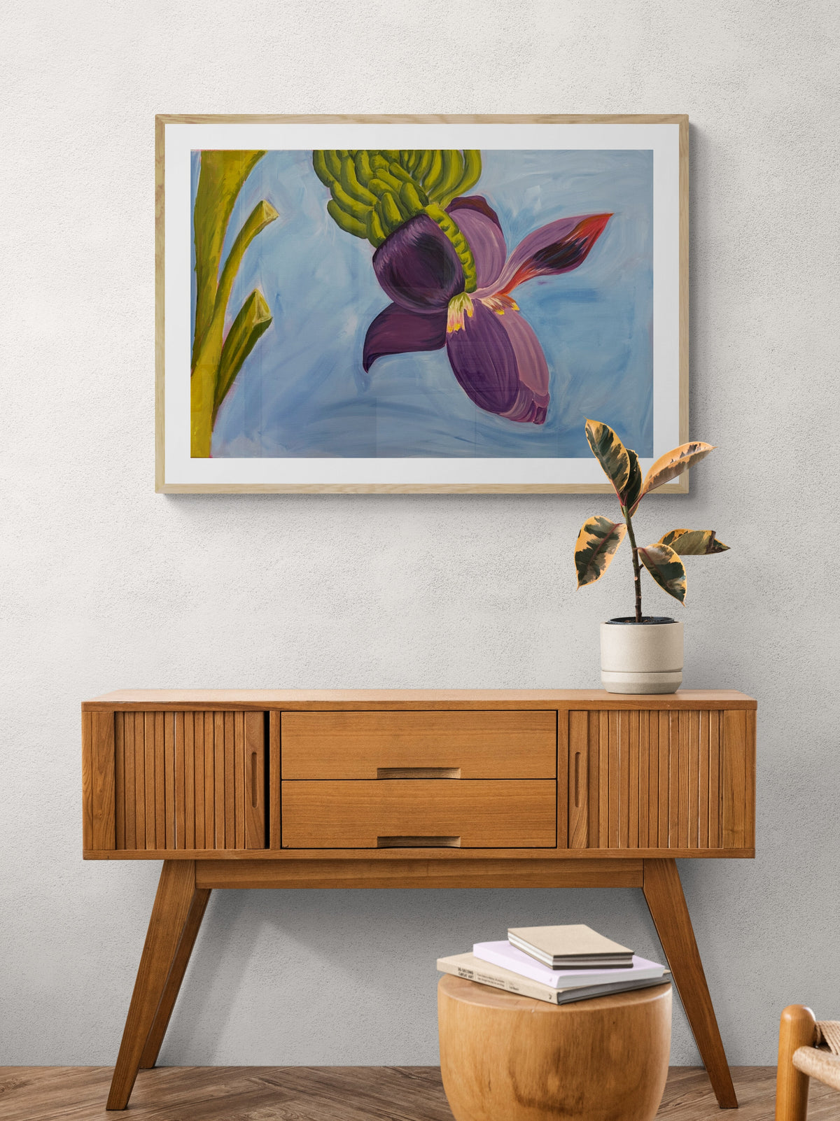 Banana Blossom — original acrylic on canvas, 36 × 24 inches, by Kimberly Hew — a single banana blossom in rich tropical colour, Caribbean botanical painting