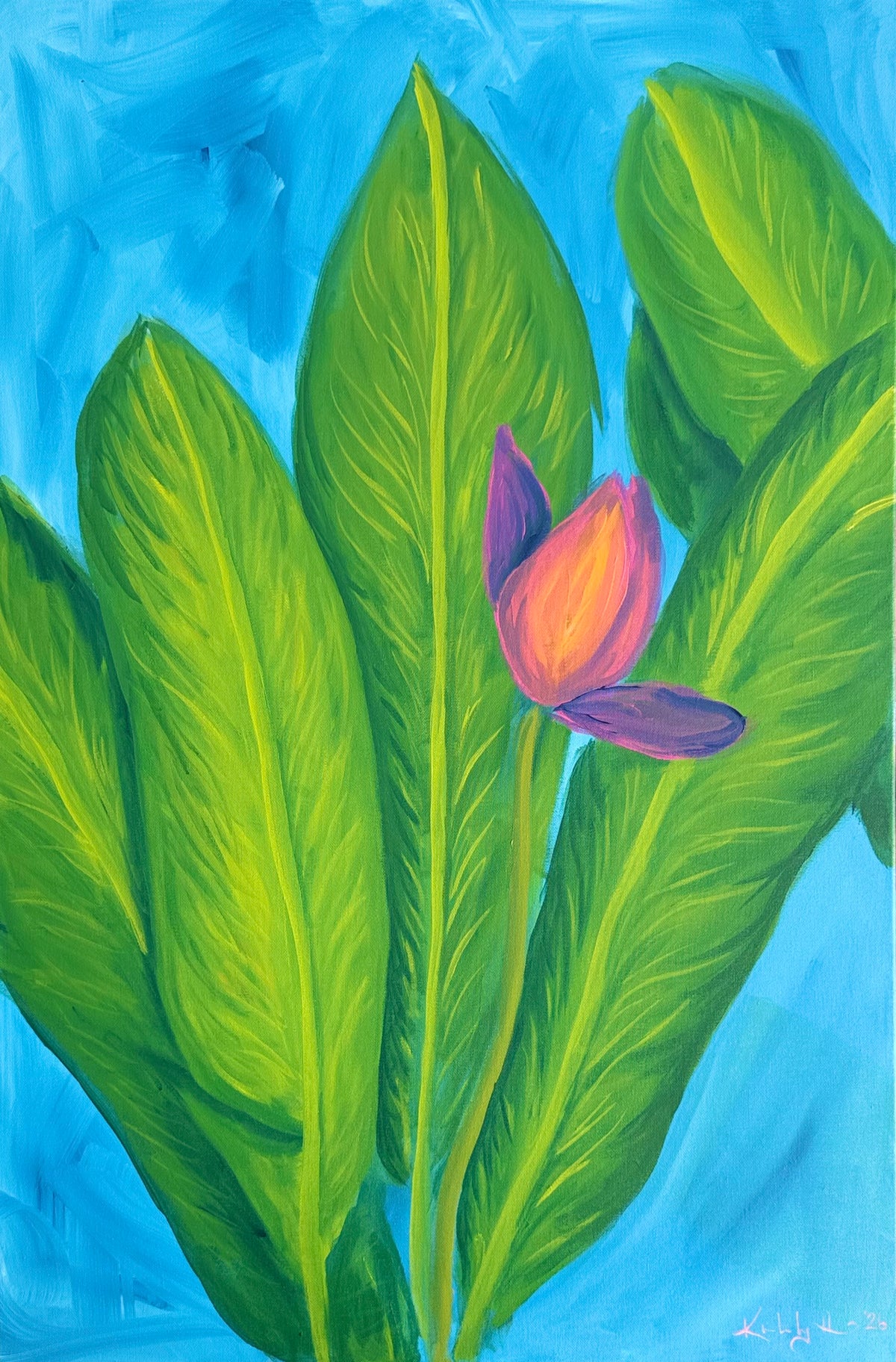 Hidden Flame 2026 by Kimberly Hew, original acrylic painting, 24 × 36 inches, Island Botanica collection, styled interior