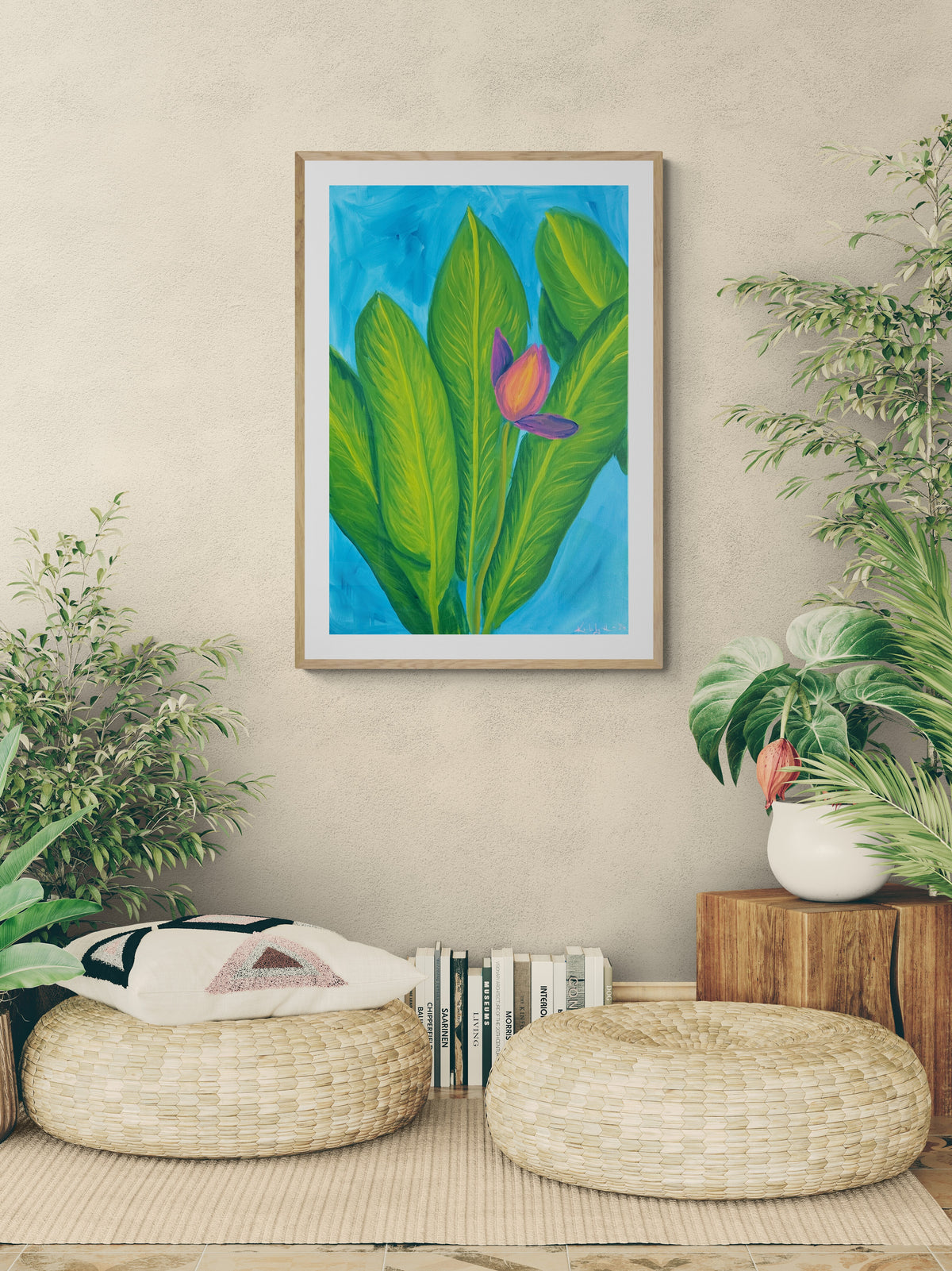 Hidden Flame — original acrylic on canvas, 24 × 36 inches, by Kimberly Hew — tall sweeping banana leaves against sky blue with a hidden red blossom, Island Botanica collection