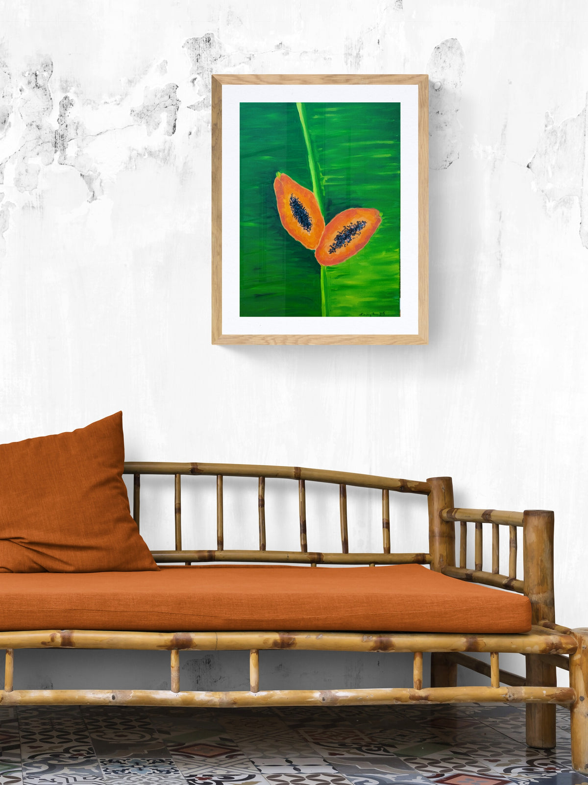 Morning Market Find — original acrylic on canvas, 18 × 24 inches, by Kimberly Hew — a coral-orange ripe papaya laid across a banana leaf, tropical Caribbean still life, part of a trio