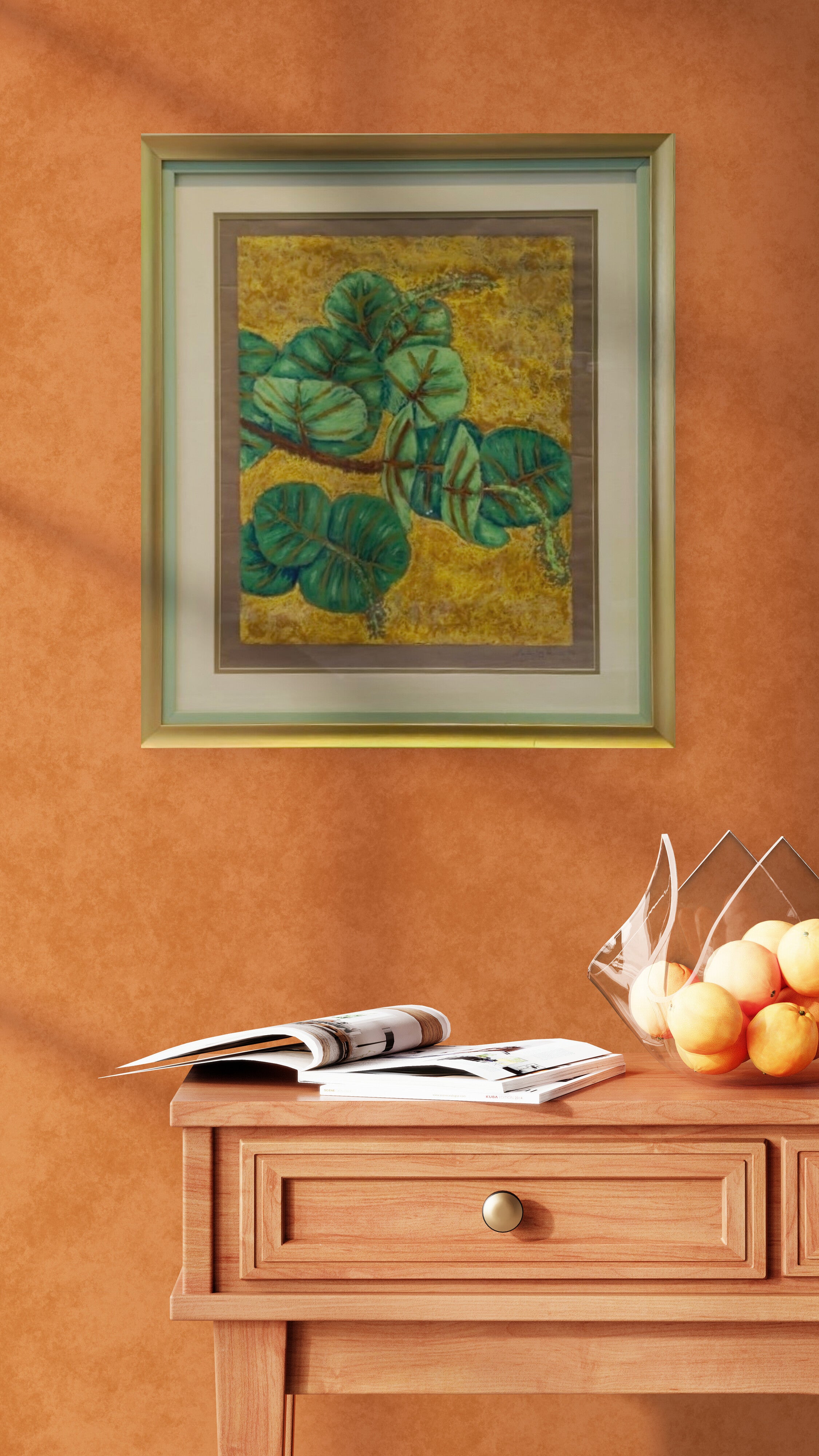 Seagrapes — original oil pastel on brown paper, 20 × 18 inches, framed, by Kimberly Hew — round waxy Caribbean seagrape leaves, coastal botanical art