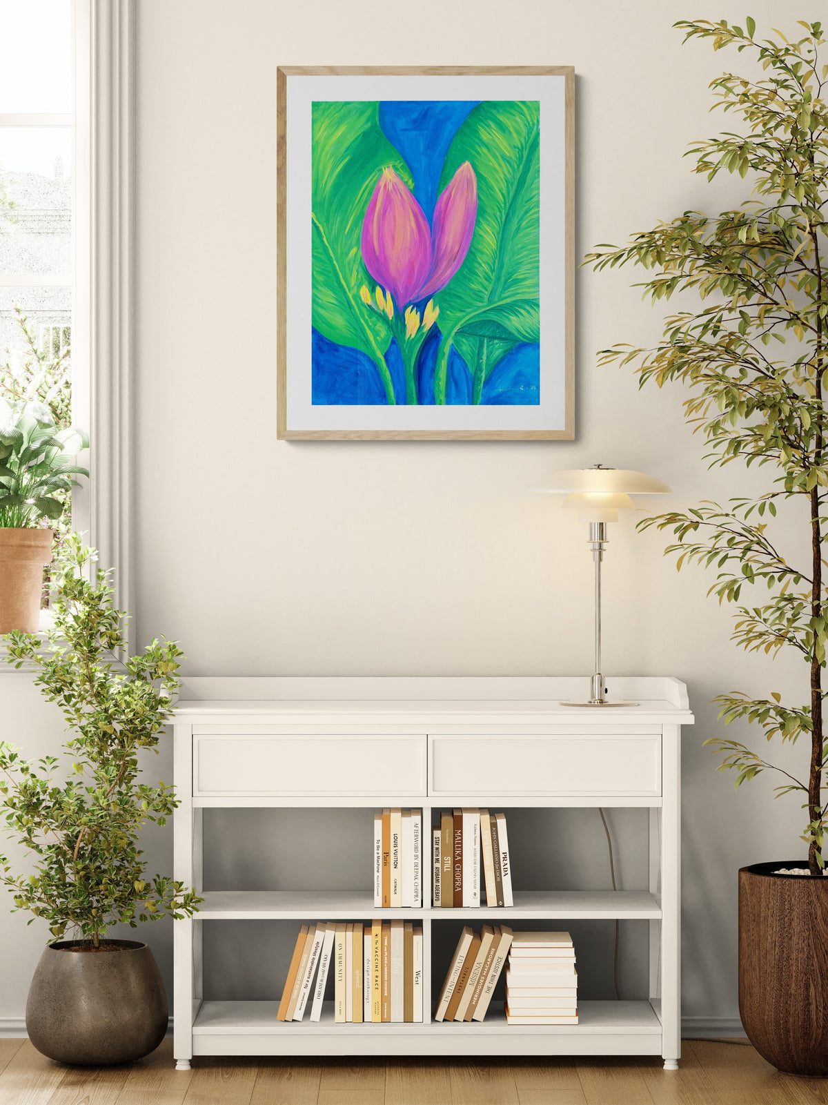 Together — original acrylic on canvas, 18 × 24 inches, by Kimberly Hew — two banana blooms, magenta and coral petals luminous against cobalt blue, Island Botanica collection
