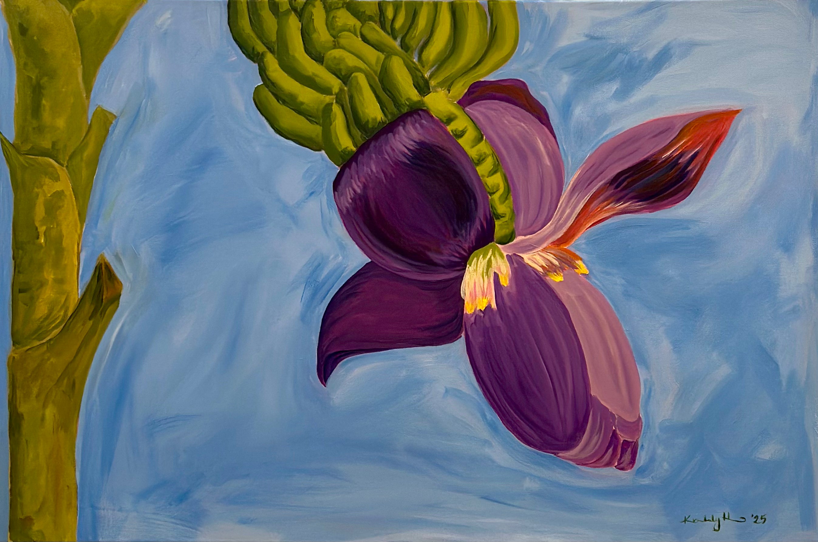 Banana Blossom by Kimberly Hew, original acrylic painting 36 × 24 inches, styled interior — artbykimberlyhew.com