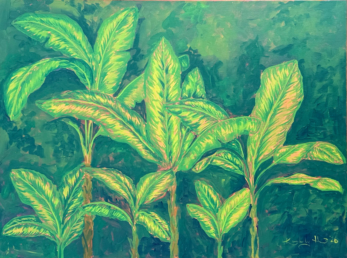 Banana Grove 2026 by Kimberly Hew, original acrylic painting, 18 × 24 inches, Island Botanica collection, styled interior