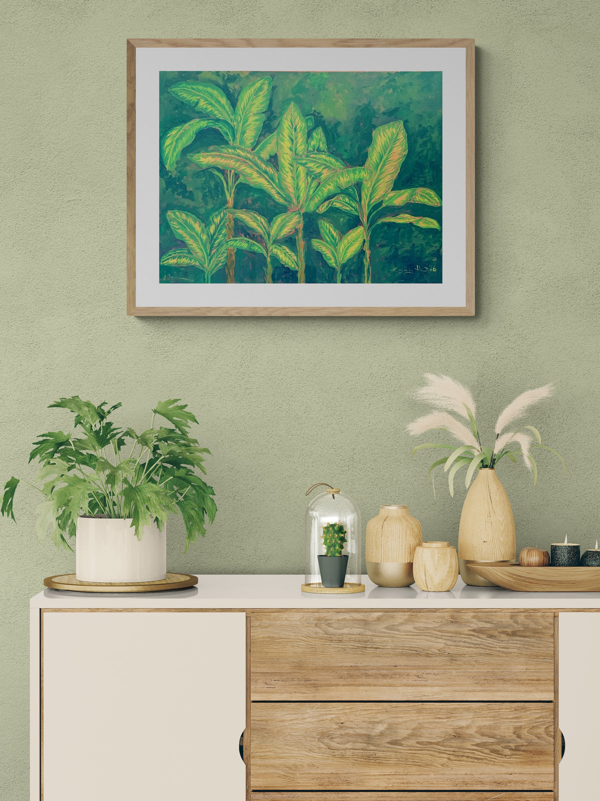 Banana Grove — original acrylic on canvas, 18 × 24 inches, by Kimberly Hew — young banana trees rising from a lush jungle floor, Island Botanica collection