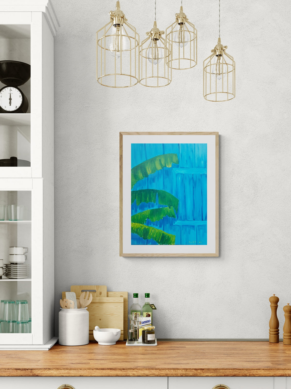 Little Blue Cottage — original acrylic on canvas, 20 × 16 inches, by Kimberly Hew — a sun-drenched Caribbean countryside cottage in soft blue with lush green foliage