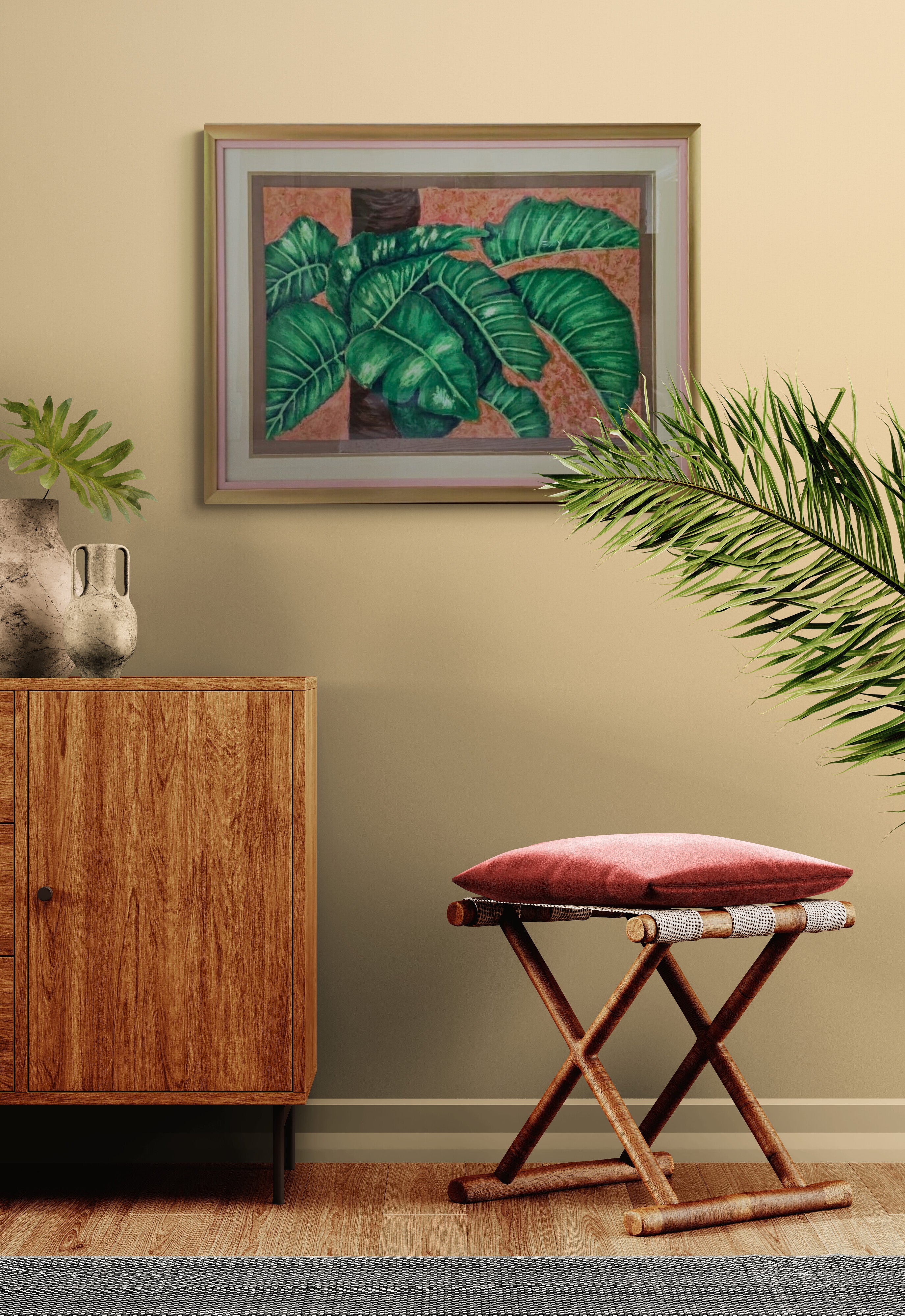 Pothos — original oil pastel on brown paper, 20 × 26 inches, framed, by Kimberly Hew — lush climbing pothos leaves in deep tropical green