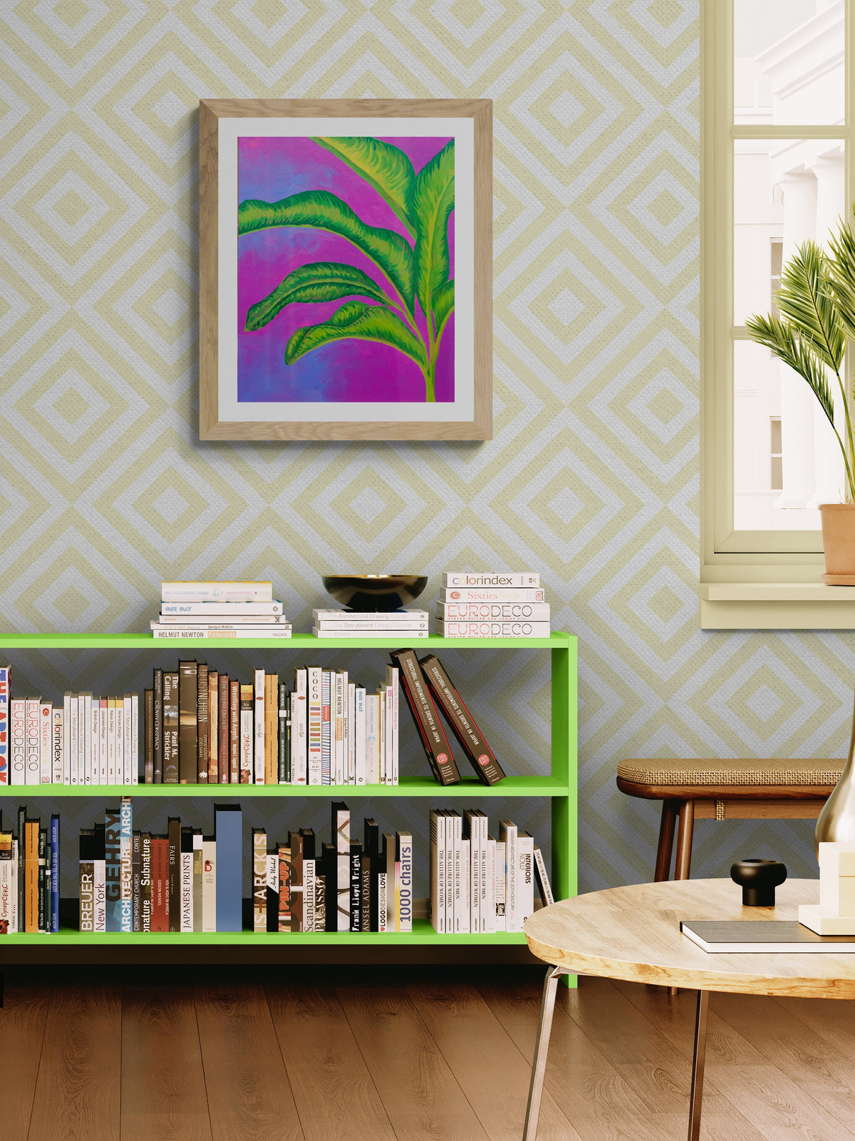 Tropical Daydream 2024 by Kimberly Hew, original acrylic painting, 18 × 24 inches, styled interior